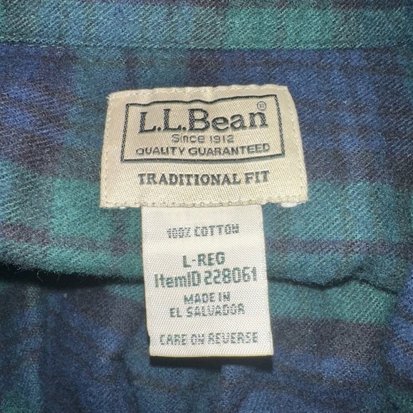 LL Bean Traditional Fit Plaid Flannel Shirt Mens Long Sleeve Green Blue L REG - Picture 2 of 7